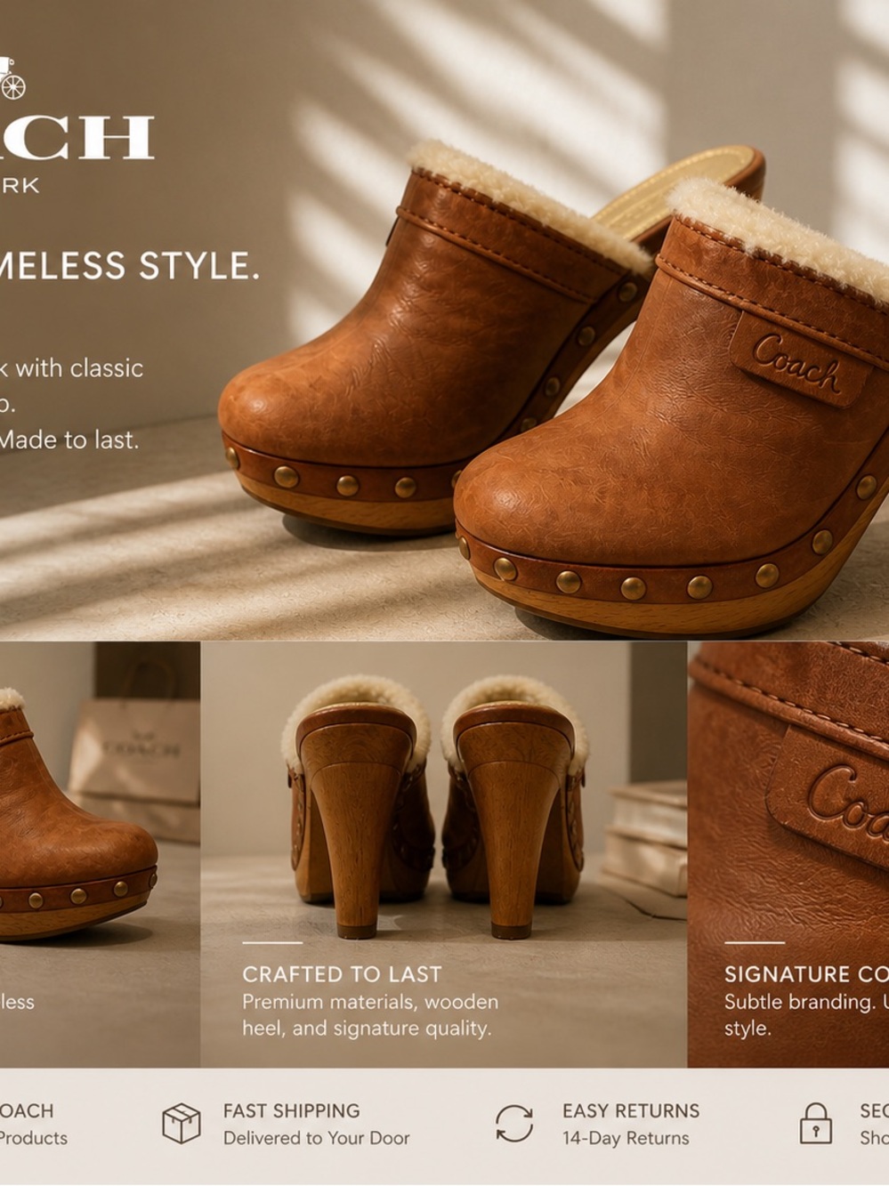 Coach Tan Brown Shearling-Trim Leather Clog Heels